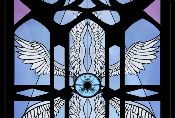 A stained glass window with symmetrical white wings surrounding a blue circular eye at the center, with purple and blue geometric shapes, and a stylized eye at the top.