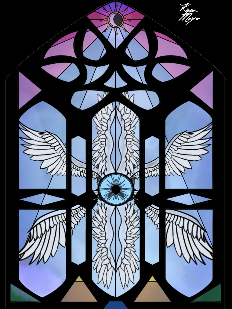 A stained glass window with symmetrical white wings surrounding a blue circular eye at the center, with purple and blue geometric shapes, and a stylized eye at the top.